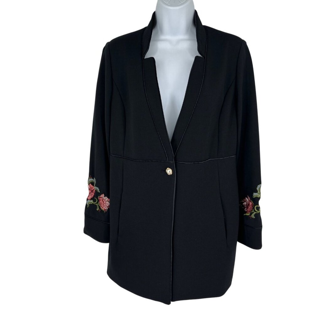 CHICO’S Black Floral Embroidered Ponte Long Jacket Coat Top Size 0 US 4 6